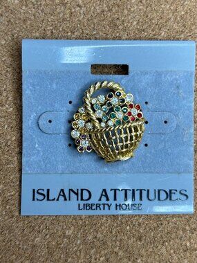 J-434 Island Attitudes Gold-Tone Basket Of Flowers Pin With Multicolor Crystals